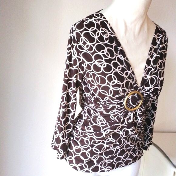 Y2k VNTG Brown Top Sz M GEOMETRIC V-Neck Wrap 3/4 Sleeve Babydoll Retro Artsy - Picture 4 of 8